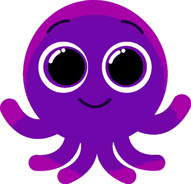 a purple octopus with big black eyes and a smile on its face