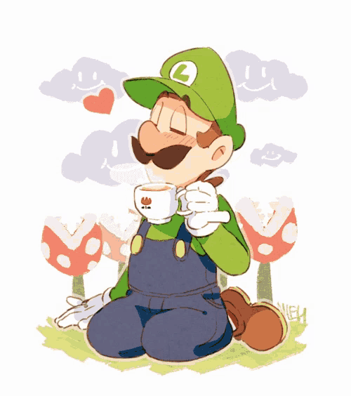 a drawing of luigi drinking from a cup with a flower on it