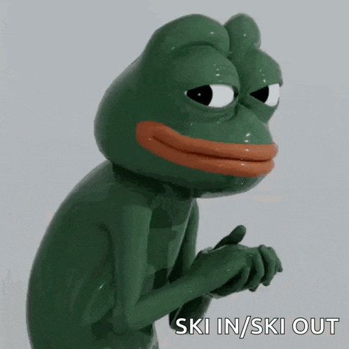 a green frog with an orange mouth is holding its hands together with the words ski in / ski out below it .