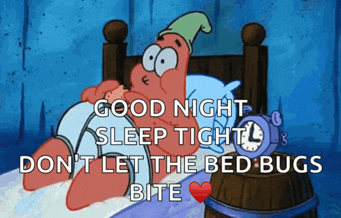 patrick star from spongebob squarepants is laying in bed with an alarm clock next to him