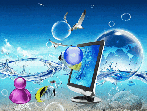 a computer monitor surrounded by bubbles and fish