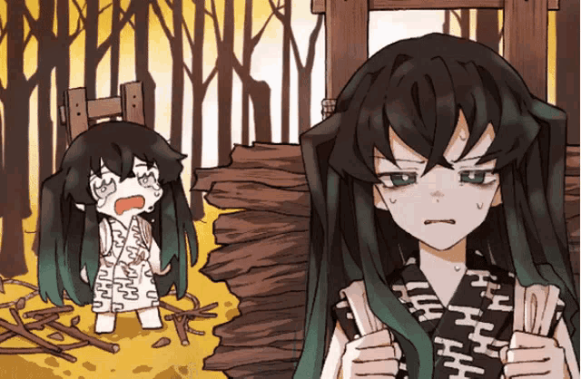 a cartoon drawing of a girl with long black hair holding a sword