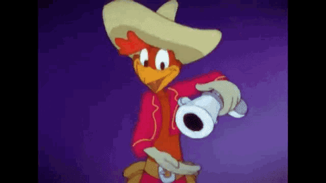 a cartoon chicken wearing a sombrero and holding a gun .