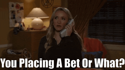 a woman talking on a phone with the words you placing a bet or what