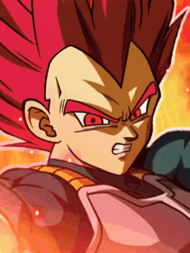 a close up of a dragon ball z character with red hair
