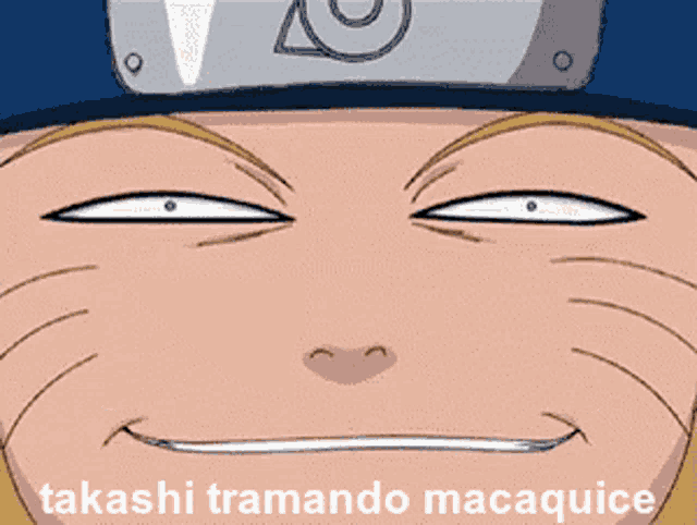 a close up of a cartoon character with the words takashi tramando macaquice on the bottom
