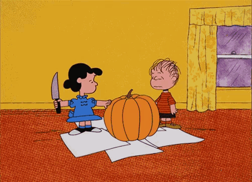 a cartoon of lucy brown holding a knife and a pumpkin