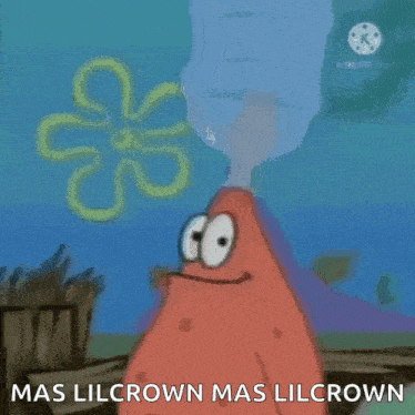 patrick star from spongebob squarepants is smiling and says mas lilcrown mas lilcrown .