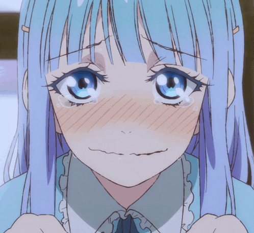 a girl with blue hair is making a sad face with her eyes closed
