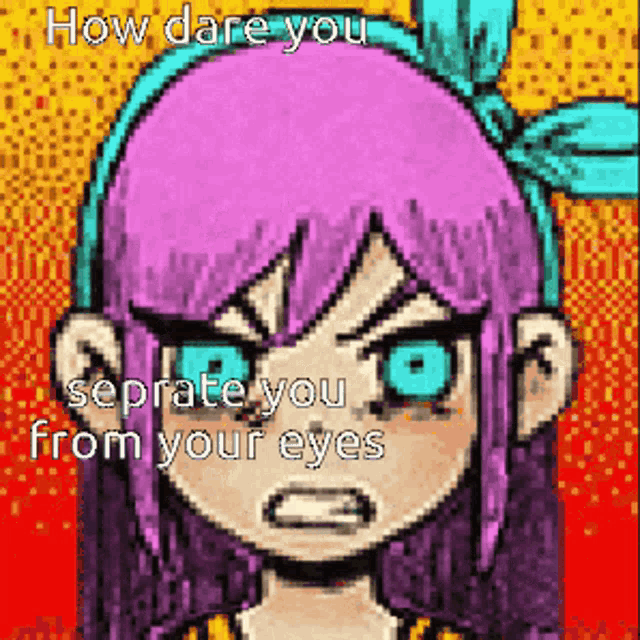 a pixel art of a girl with purple hair and blue eyes