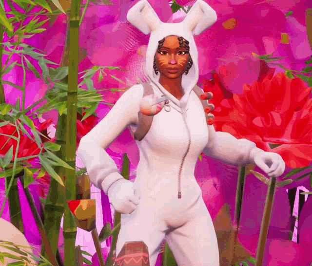 a woman in a white bunny costume is standing in front of a pink background