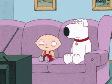 a cartoon character sitting on a couch next to a white dog