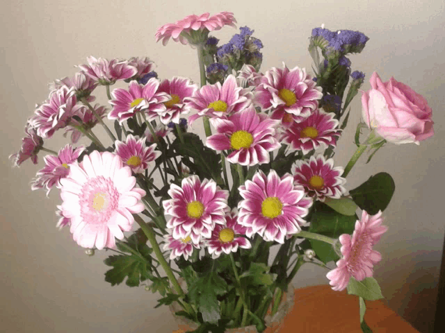 a vase filled with pink and white flowers with a yellow center