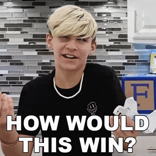 a young man with blonde hair is holding a piece of paper and asking how would this win ?