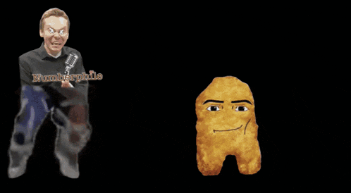 a chicken nugget with a sad face is surrounded by a man and a cartoon character