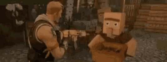 a man is holding a gun in a video game while a bench is in the background .