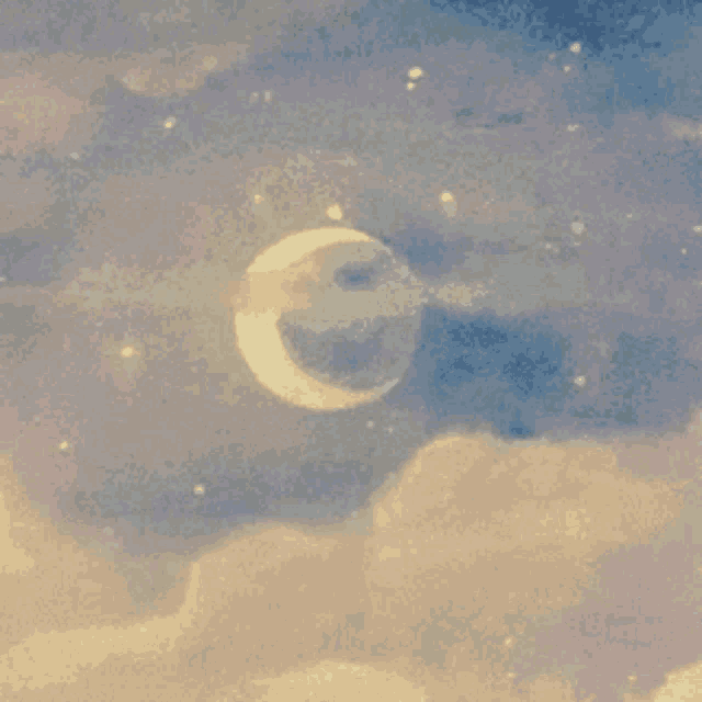 a witch is flying over a crescent moon in the sky