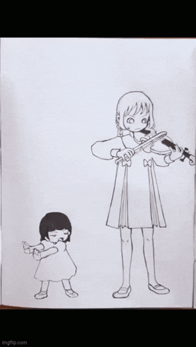 a black and white drawing of a girl playing a violin and another girl taking a picture of herself .