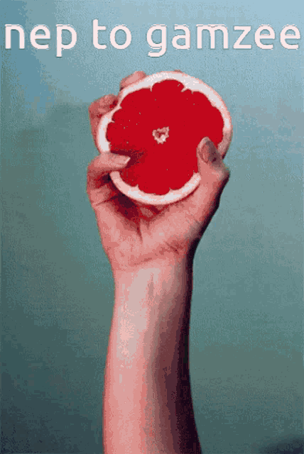 a hand is holding a slice of grapefruit in front of a blue background that says nep to gamzee