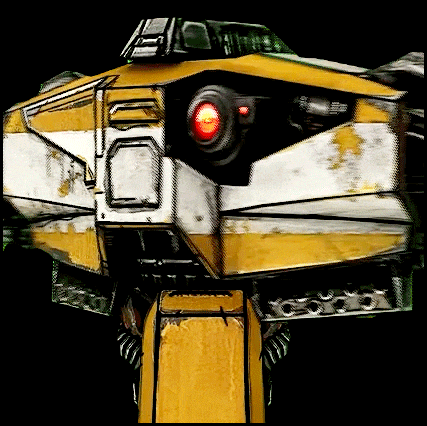 a close up of a robot with a red light on its head