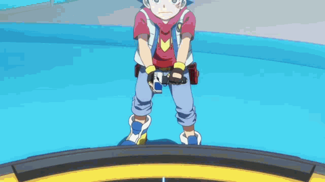a boy in a red shirt and blue pants is standing on a blue surface holding a sword .