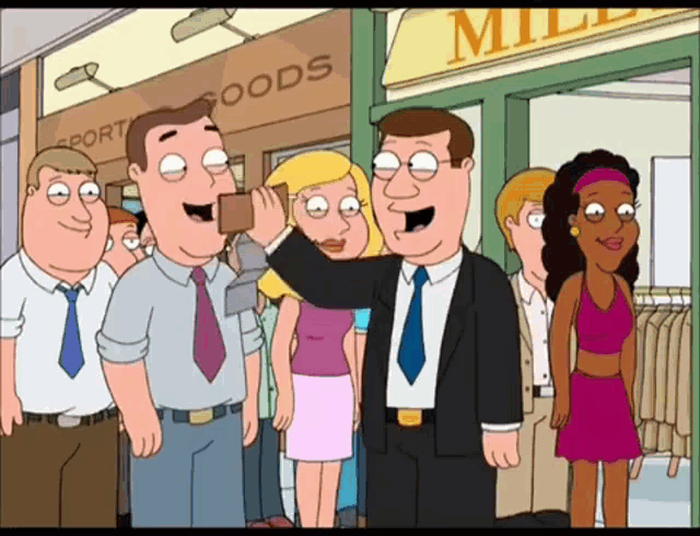 a group of people are standing in front of a miller sport goods store