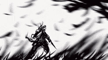 a drawing of a person holding a sword in a field