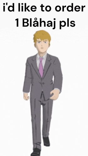 a cartoon of a man in a suit and tie with the words i 'd like to order 1 blahaj pls written above him