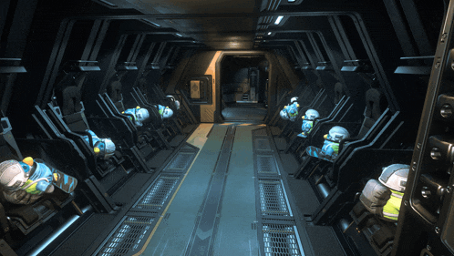 a group of astronauts are sitting in a row in a futuristic room