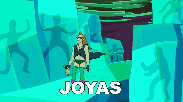 a cartoon of a woman standing in front of a wall with the word joyas on it