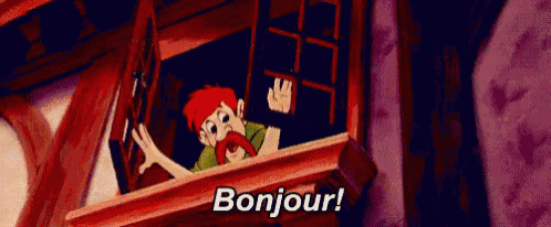 a man with a beard is waving from a window and says bonjour !
