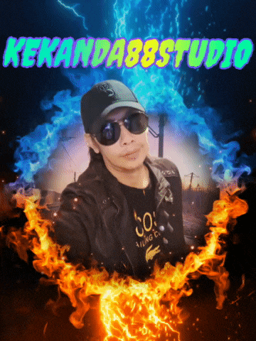 a man wearing sunglasses and a baseball cap is surrounded by flames and the name kekanda888studio