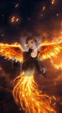 a woman with flaming wings is sitting in a chair