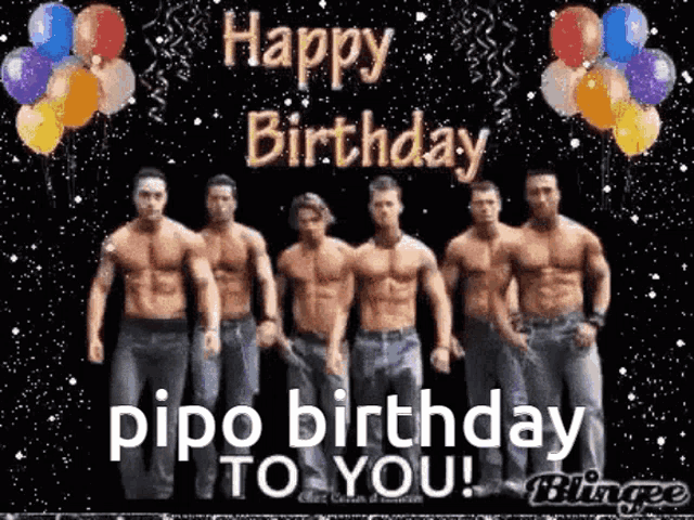 a group of shirtless men are standing next to each other with balloons in the background .