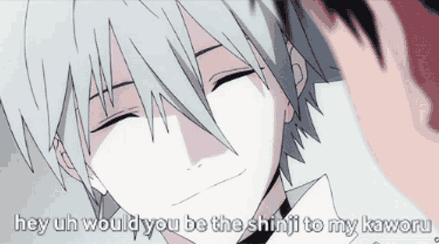 a man with white hair is smiling with the words hey uh would you be the shinji to my kaworu