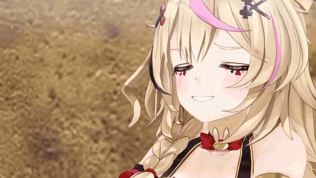 a close up of a anime girl with a braid and a necklace