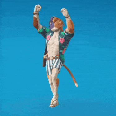 a man in a shirt and shorts is dancing with his hands in the air