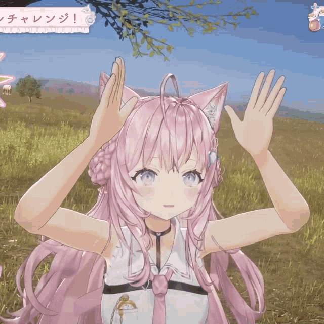 a girl with pink hair and cat ears is waving her hands in a video game