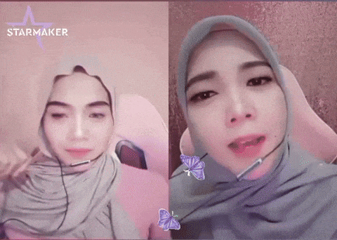 a woman wearing a hijab and a headset with the word starmaker on the bottom