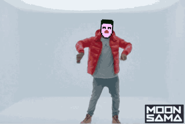 a man in a red jacket is dancing in front of a white wall that says moon sama on it