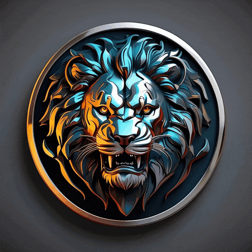 a lion 's head is displayed in a circle on a black background