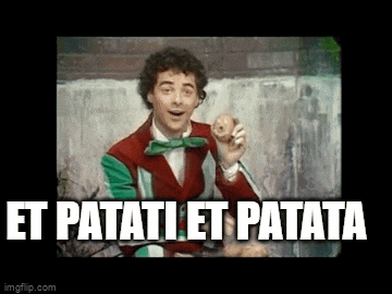 a man in a suit and bow tie is holding a potato and says et patate et patata