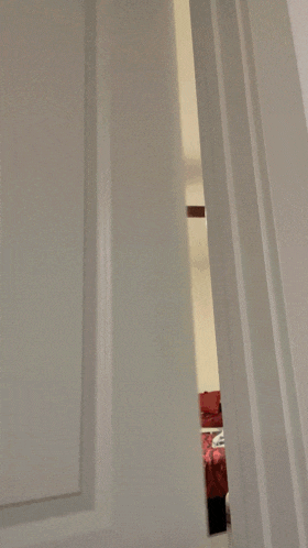 a man in a black tank top is standing in a bedroom with a ceiling fan