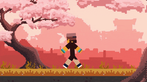 a pixel art of a person walking in front of a tree