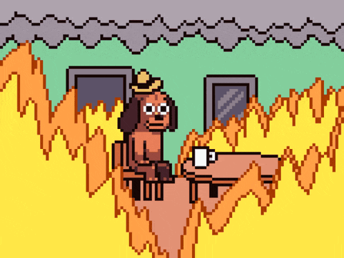 a pixel art illustration of a dog sitting at a table with a cup of coffee