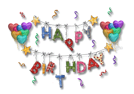 a happy birthday banner with balloons and confetti hanging from a string