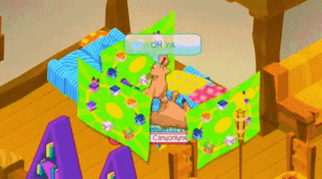 a cartoon drawing of a canyon lynx in a room