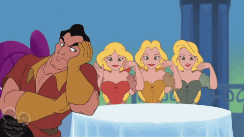 a cartoon of a man sitting at a table with three women behind him with disney hd written on the bottom