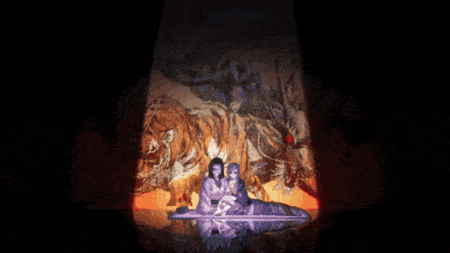 a drawing of a tiger and a snake with a red eye