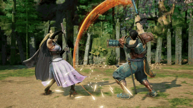 a man and a woman are playing a video game and the woman is wearing a purple dress